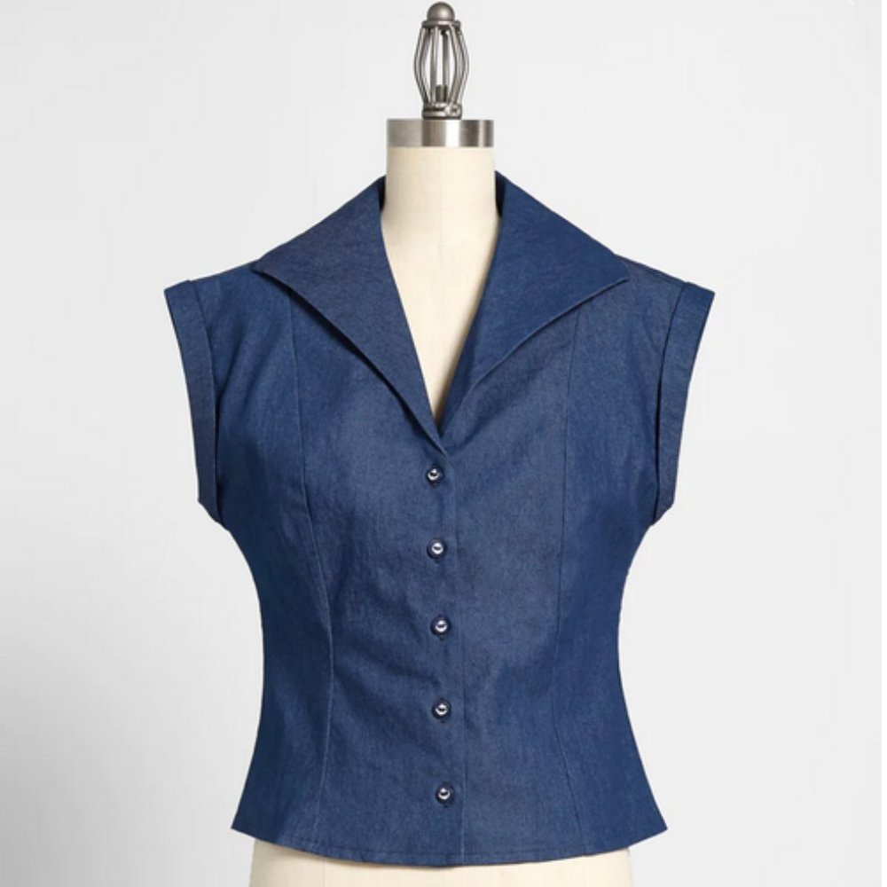 Modcloth Nifty Fifties Retro Style Denim Top with Anchor Buttons